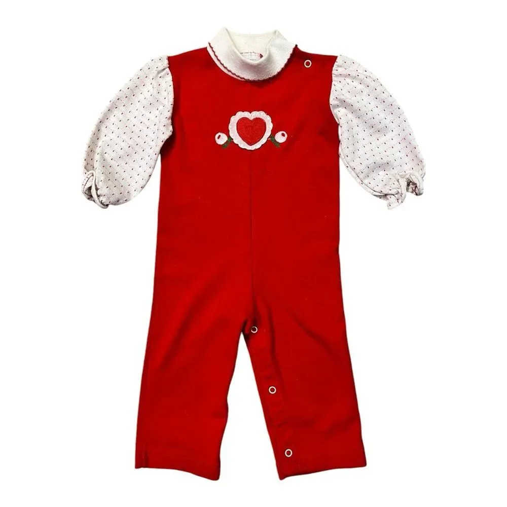Vintage Health-Tex One Piece Romper 24 Months Red Heart‎ Lace Snaps Long Sleeve